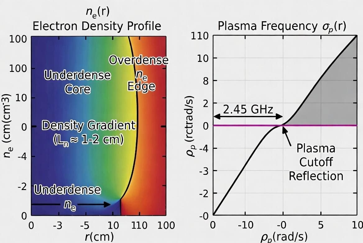 Radial electron density profile and plasma frequency cutoff. The engineered gradient (Lₙ ≈ 1–2 cm) creates an underdense core (transparent) and overdense edge where microwaves reflect at the plasma frequency cutoff layer.