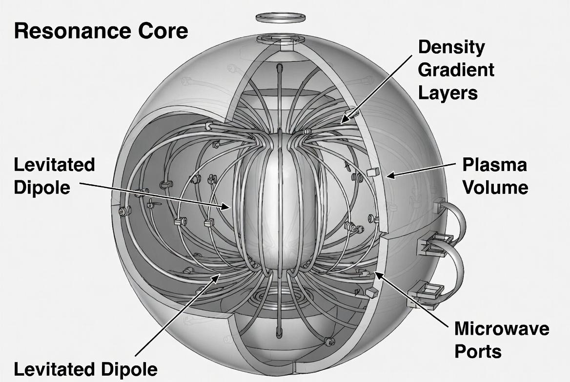 Levitated dipole magnetic bottle configuration for scaled Resonance Core embodiments. Central levitated dipole creates closed field lines; auxiliary coils provide stability. Microwave ports allow access while maintaining the engineered plasma density gradient.